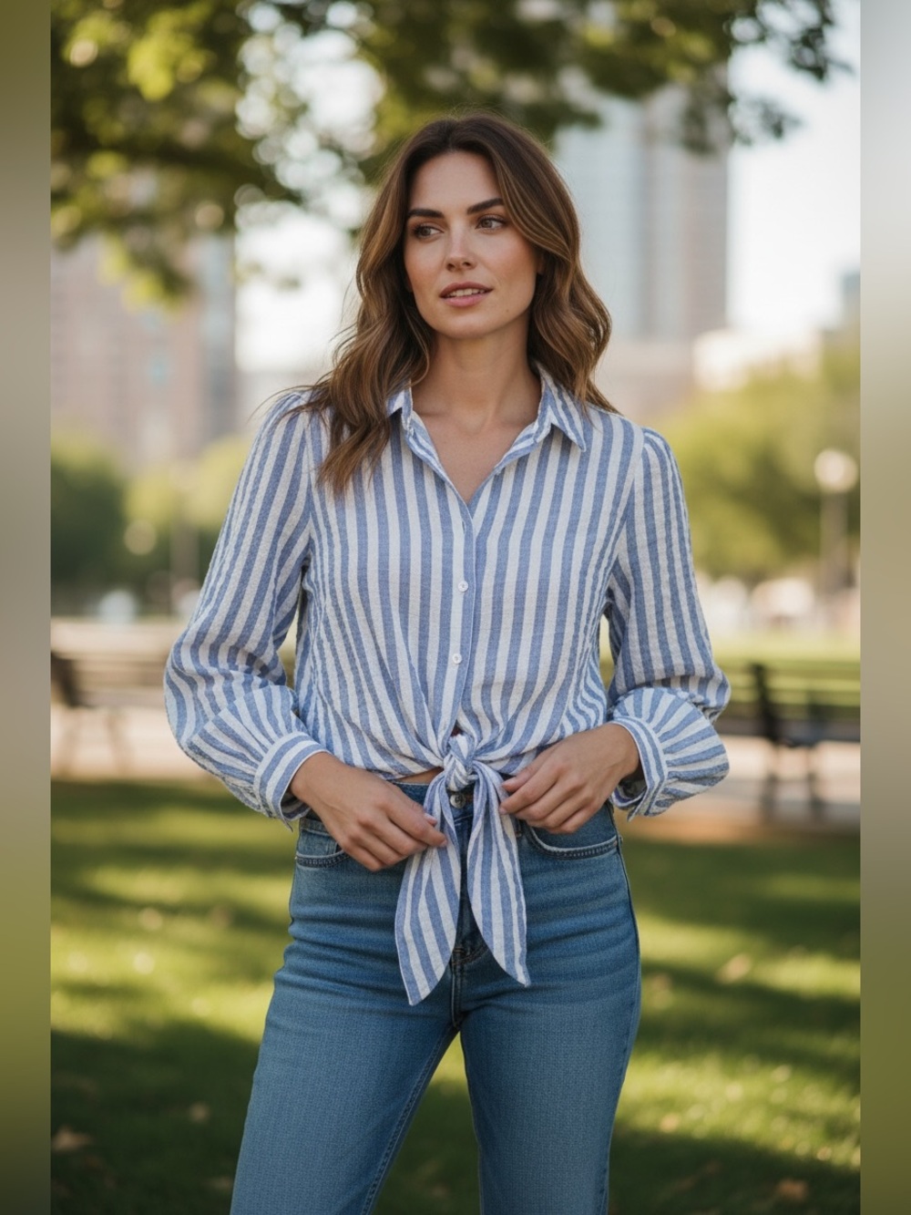 Jane and Delancey Blue and White Striped Tie-Front Shirt